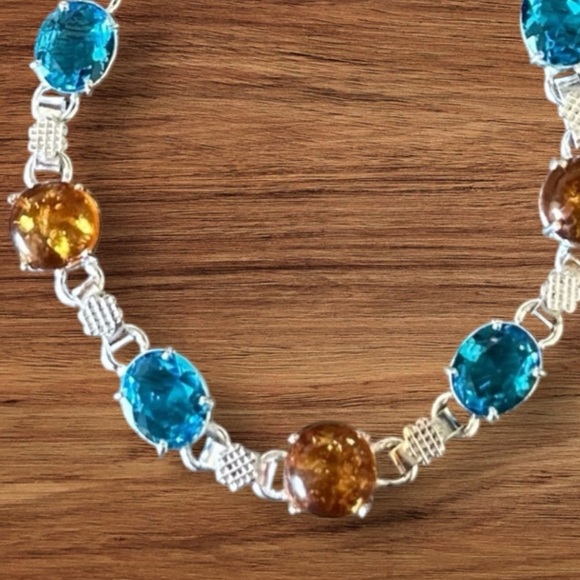 NWT Handmade Amber Blue Topaz Simulated Stone Silver Overlay Bracelet - Picture 4 of 4